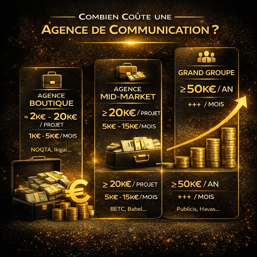 Infographie : combien coûte une agence de communication — tarifs agence boutique, mid-market et grand groupe