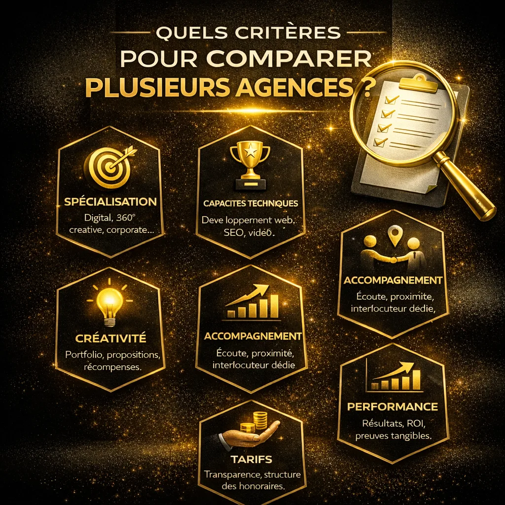 Infographie : les critères pour comparer plusieurs agences de communication — spécialisation, capacités techniques, créativité, accompagnement, tarifs, performance