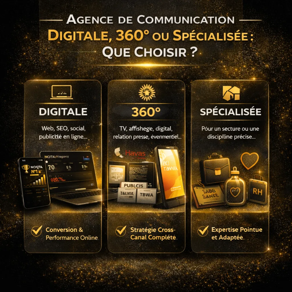 Infographie comparative : agence de communication digitale vs 360° vs spécialisée — avantages et cas d'usage